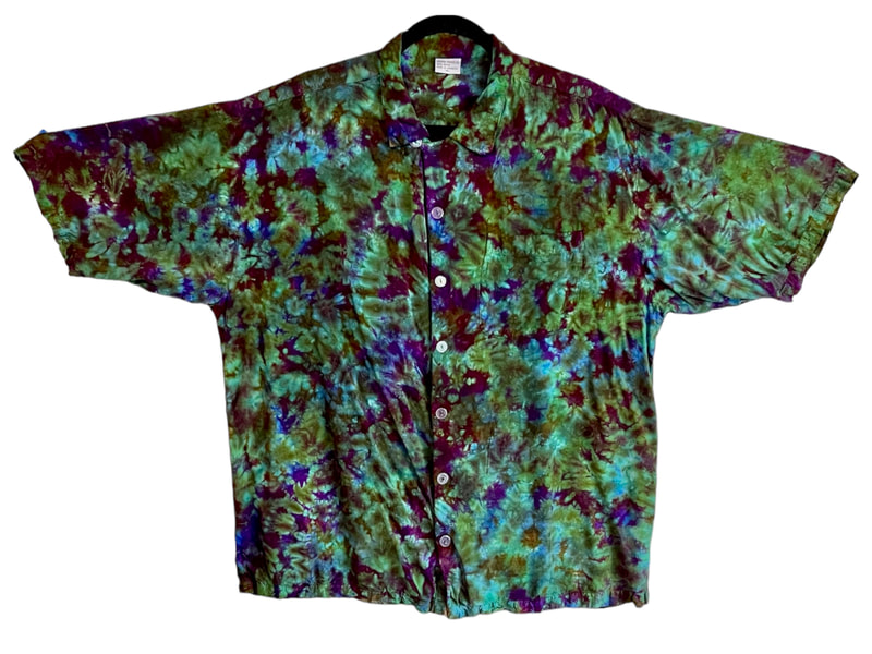 tie dye button down rayon island beach shirt psychedelic olive green blotter small medium large XL 2X