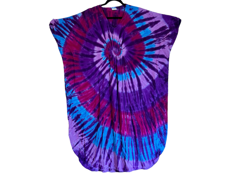 tie dye kaftan caftan moomoo mumu muumuu dress psychedelic classic purple spiral handmade hand dyed ice dye