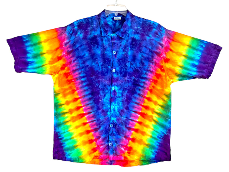 tie dye button down rayon island beach shirt psychedelic pinwheel rainbow small medium large XL 2X